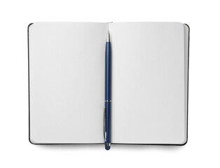 Open notebook with blank pages and pen isolated on white, top view