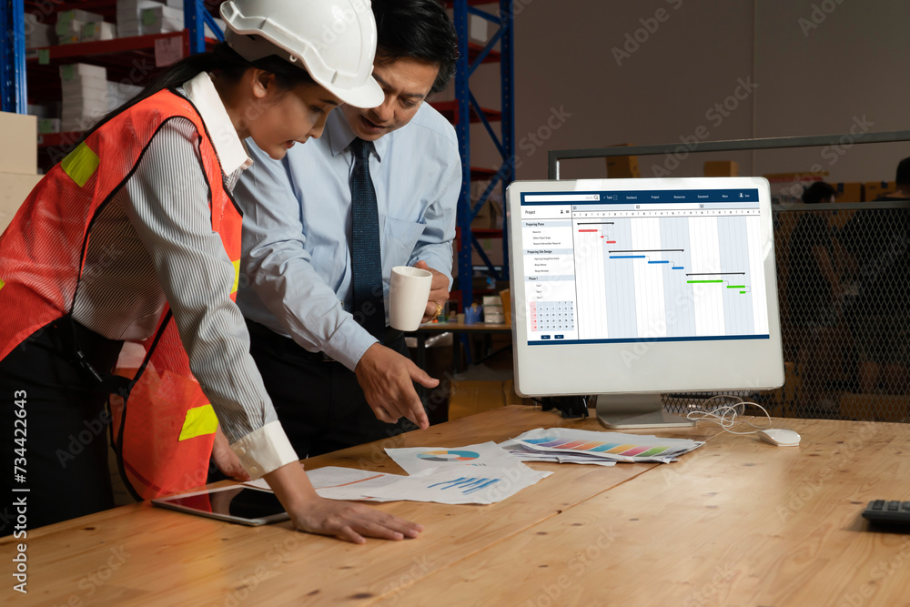 Poster project planning software for modish business project management on the computer screen showing time