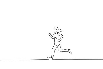 Continuous one drawn line silhouette of running athlete girl runner
