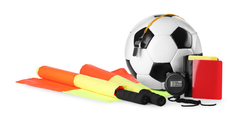 Football referee equipment. Soccer ball, flags, stopwatch, cards and whistle isolated on white