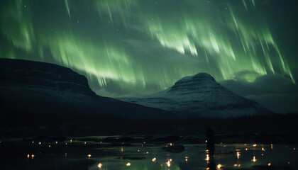 Majestic mountain peak illuminated by starry winter night generated by AI