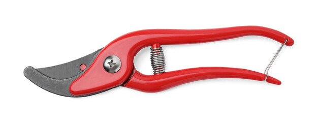Secateurs with red handles isolated on white, top view. Gardening tool