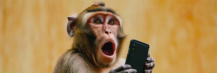 Image of a monkey making a surprised face at a cell phone screen. - obrazy, fototapety, plakaty