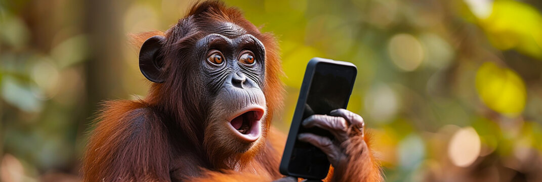 Image of a monkey making a surprised face at a cell phone screen.