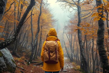 A lone figure in a bright yellow jacket stands among the bare deciduous trees, braving the cold of winter as they hike through the peaceful autumn forest