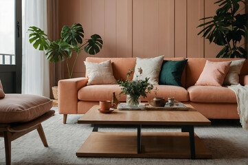 Interior of living room with brown sofa, armchair, coffee table and plant. 3d render