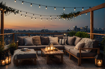 Cozy relaxing evening on a balcony transformed into a serene oasis with potted plants, comfortable seating and soft lighting