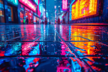 An abstract composition of neon lights reflected in rain-soaked pavement, transforming a mundane urban scene into a vibrant visual spectacle. Concept of urban abstract art. Generative Ai.