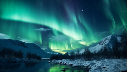 Majestic mountain range illuminated by aurora, reflecting tranquil winter beauty generated by AI