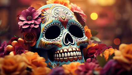Spooky celebration Halloween death mask, colorful flower decoration generated by AI
