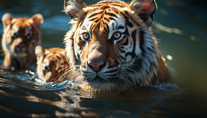 Obraz premium Majestic tiger staring, reflecting beauty in nature dangerous wilderness generated by AI