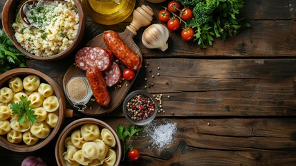 Rustic Polish Cuisine Flat Lay on Wooden Table

