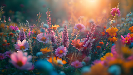 A diverse wildflower meadow glowing in the golden light of a setting sun, with a mix of vibrant colors and soft bokeh.