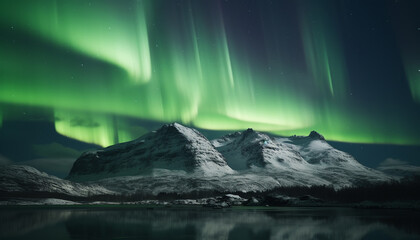Naklejka premium Majestic mountain range illuminated by aurora in arctic winter generated by AI