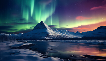 Majestic mountain peak illuminated by aurora in arctic winter generated by AI