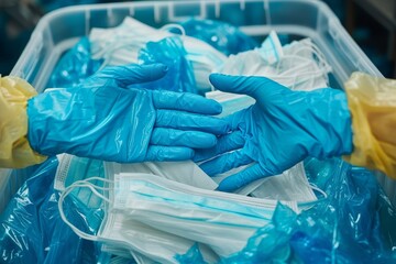 Amidst the sterile indoor setting, a pair of blue-gloved hands carefully handles medical equipment with utmost precision, encapsulated in a plastic bag for safety in the healthcare realm