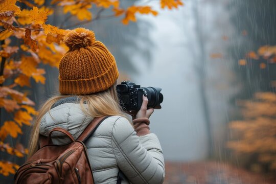 A woman, bundled up in warm winter clothing, captures the ethereal beauty of autumn trees shrouded in a thick fog, symbolizing the transition from vibrant life to peaceful slumber