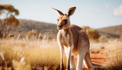 Cute marsupial looking at camera in the wild at sunset generated by AI