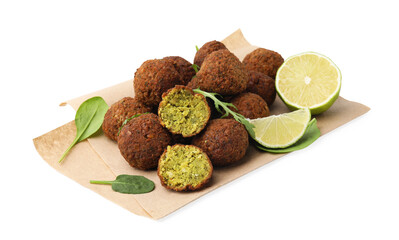Delicious falafel balls, basil, arugula and lime isolated on white