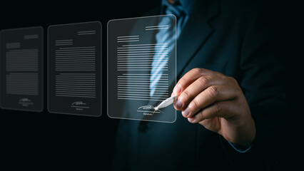 Electronic signature business concept. Businessman signs an electronic document, business approved,...