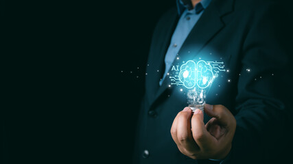 Ai tech, businessman show virtual graphic Global Internet connect AI, Artificial Intelligence. Using command prompt for generates something, Futuristic technology transformation. Chatbot Chat with AI