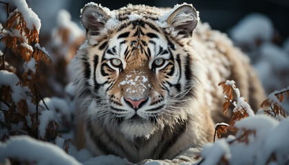 Fototapeta na wymiar Bengal tiger, fierce and majestic, roams snowy forest generated by AI