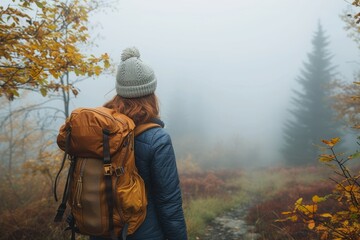 A determined woman treks through the misty forest, bundled up in her warm jacket and carrying a backpack, surrounded by the beautiful colors of autumn on her winter hike