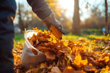 Amidst the vibrant hues of autumn, a person gently plucks fallen leaves from a bag, connecting with nature and embracing the changing season - obrazy, fototapety, plakaty