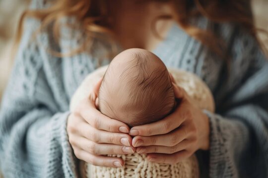 A nurturing woman cradles her precious baby, their tender embrace capturing the warmth and love of an indoor sanctuary