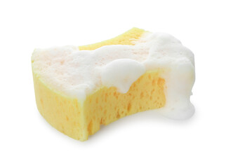 Yellow sponge with foam isolated on white