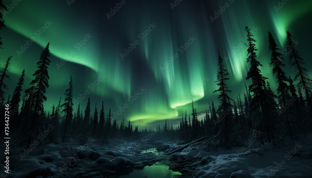 Poster majestic mountain range illuminated by glowing aurora polaris generated by ai
