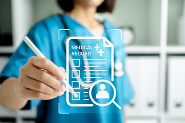 Medicine doctors inspect electronic medical records on tablets. Digital healthcare and network...