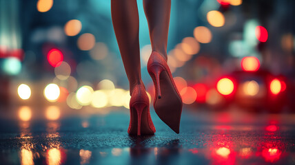 A woman in sparkly shoes walking on a sparkling street where city lights are reflected on the street