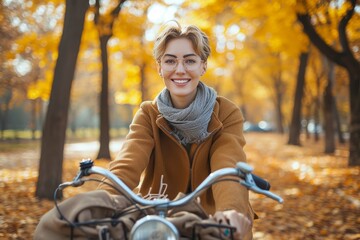 A young woman with a contagious smile rides her motorcycle through a colorful autumn landscape, surrounded by trees and the open road