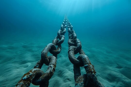 A glimmering metal chain lays submerged in the crystal clear waters, a symbol of strength and resilience amidst the ever-changing currents of life