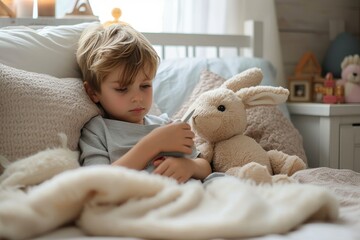 A young boy finds comfort in the embrace of his stuffed teddy bear while lying in bed, surrounded by soft blankets and the familiar walls of his room