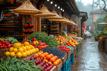 Fototapeta na wymiar A lively outdoor market scene with stalls bursting with fresh produce in an array of vivid hues. Concept of a colorful marketplace fostering positivity. Generative Ai.