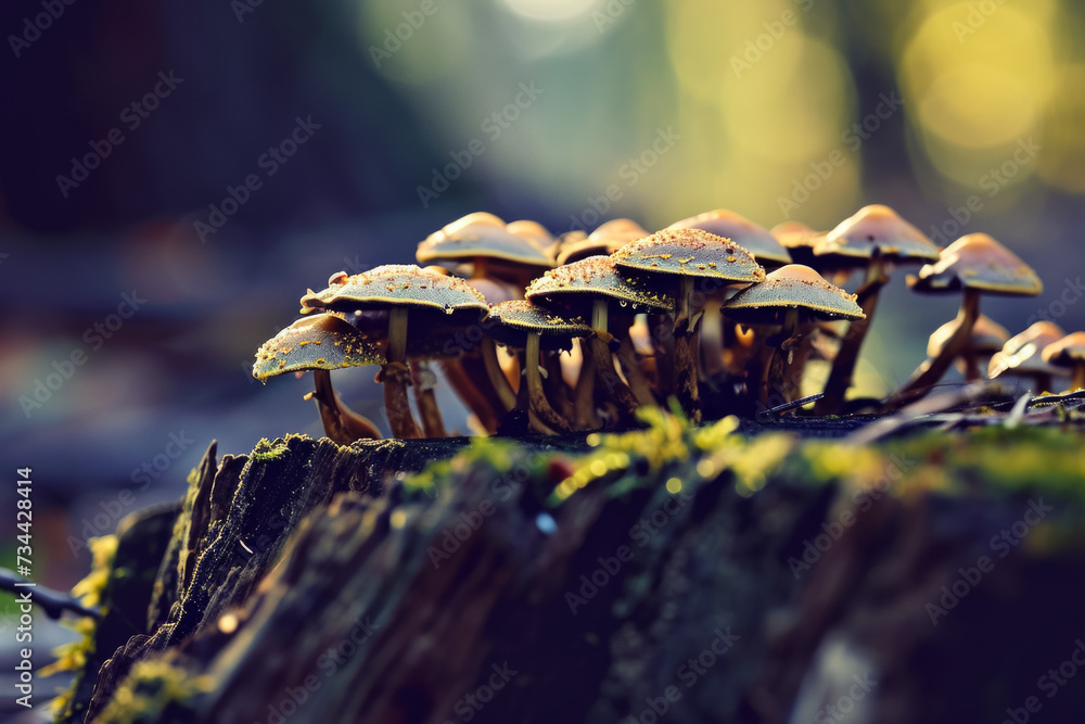 Poster mushrooms in the forest. background with selective focus and copy space