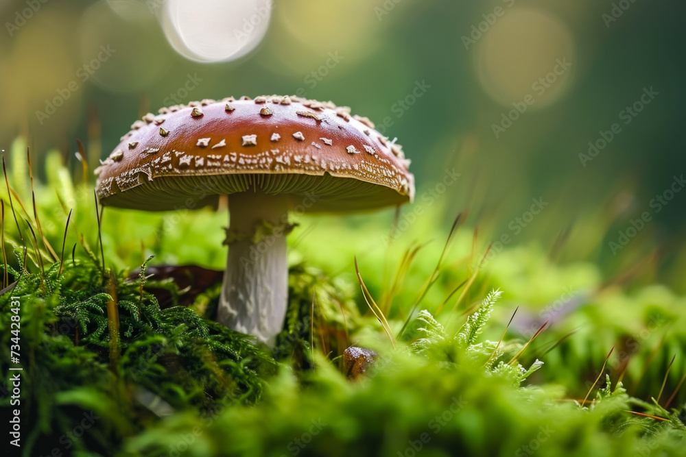 Poster fly agaric in the forest. background with selective focus and copy space