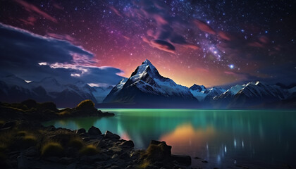 Majestic mountain peak reflects tranquil galaxy in serene nature generated by AI