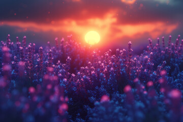 A radiant sun setting over a lavender field, casting a warm and dreamy glow over the landscape....