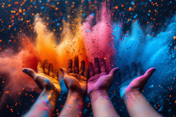 An energetic burst of colorful powder exploding during a color run event, capturing the lively and carefree spirit of participants. Concept of active and vibrant fun. Generative Ai. - obrazy, fototapety, plakaty
