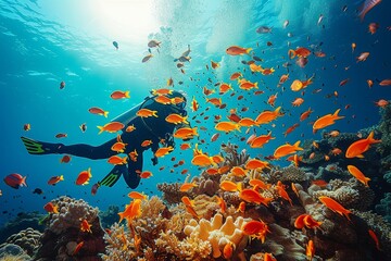 Fototapeta na wymiar Exploring the vibrant underwater world, a scuba diver swims among schools of colorful fish and intricate coral reefs, surrounded by the vast supply of marine organisms and lush seaweed