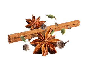 Different aromatic spices falling on white background