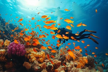 Fototapeta na wymiar Exploring the vibrant underwater world, a scuba diver glides through a colorful coral reef, surrounded by a diverse community of fish and marine organisms