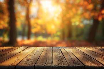 Amidst the autumnal forest, a rustic wooden table stands surrounded by vibrant deciduous trees,...
