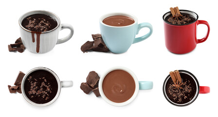 Delicious hot chocolate in cups isolated on white, top and side views