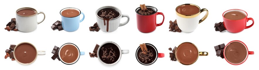 Delicious hot chocolate in cups isolated on white, top and side views