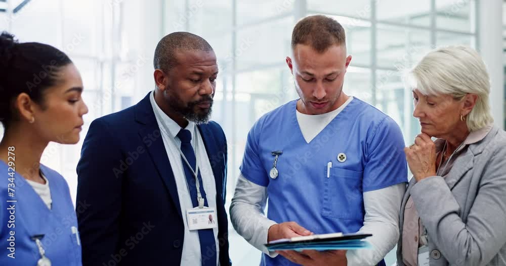 Poster Medical representatives, meeting or nurse with tablet in hospital on online telehealth app for news. Medicine update, schedule planning or healthcare professional officers speaking of research report