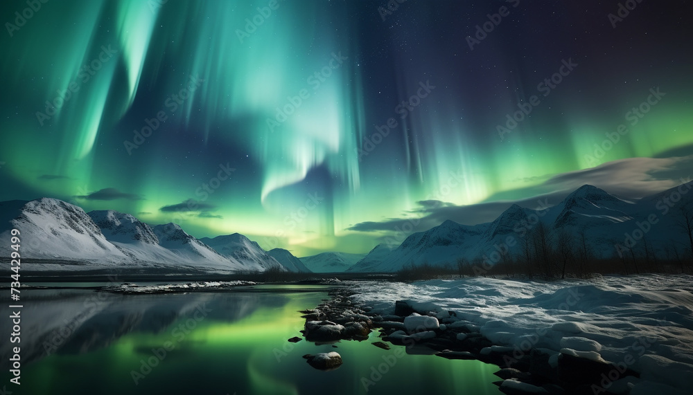 Poster majestic mountain range illuminated by aurora polaris in tranquil night generated by ai